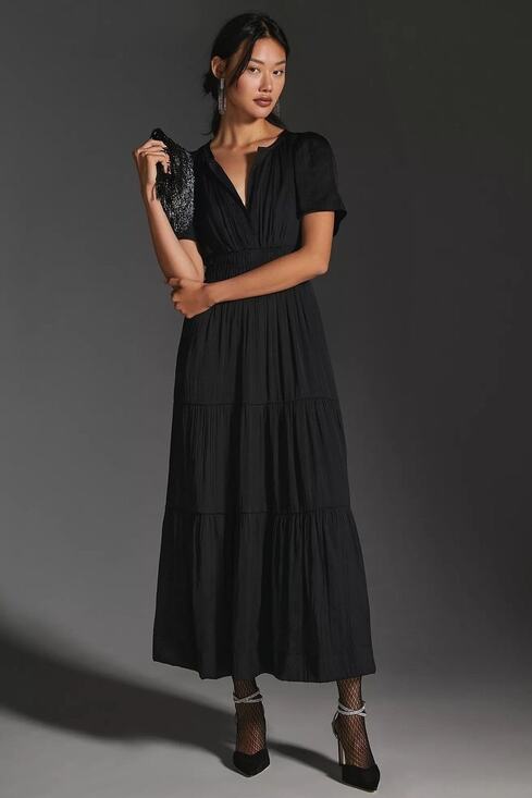 Anthropologie Dresses & Skirts - Anthropologie Somerset Black Satin Maxi Dress L Tiered Boho
